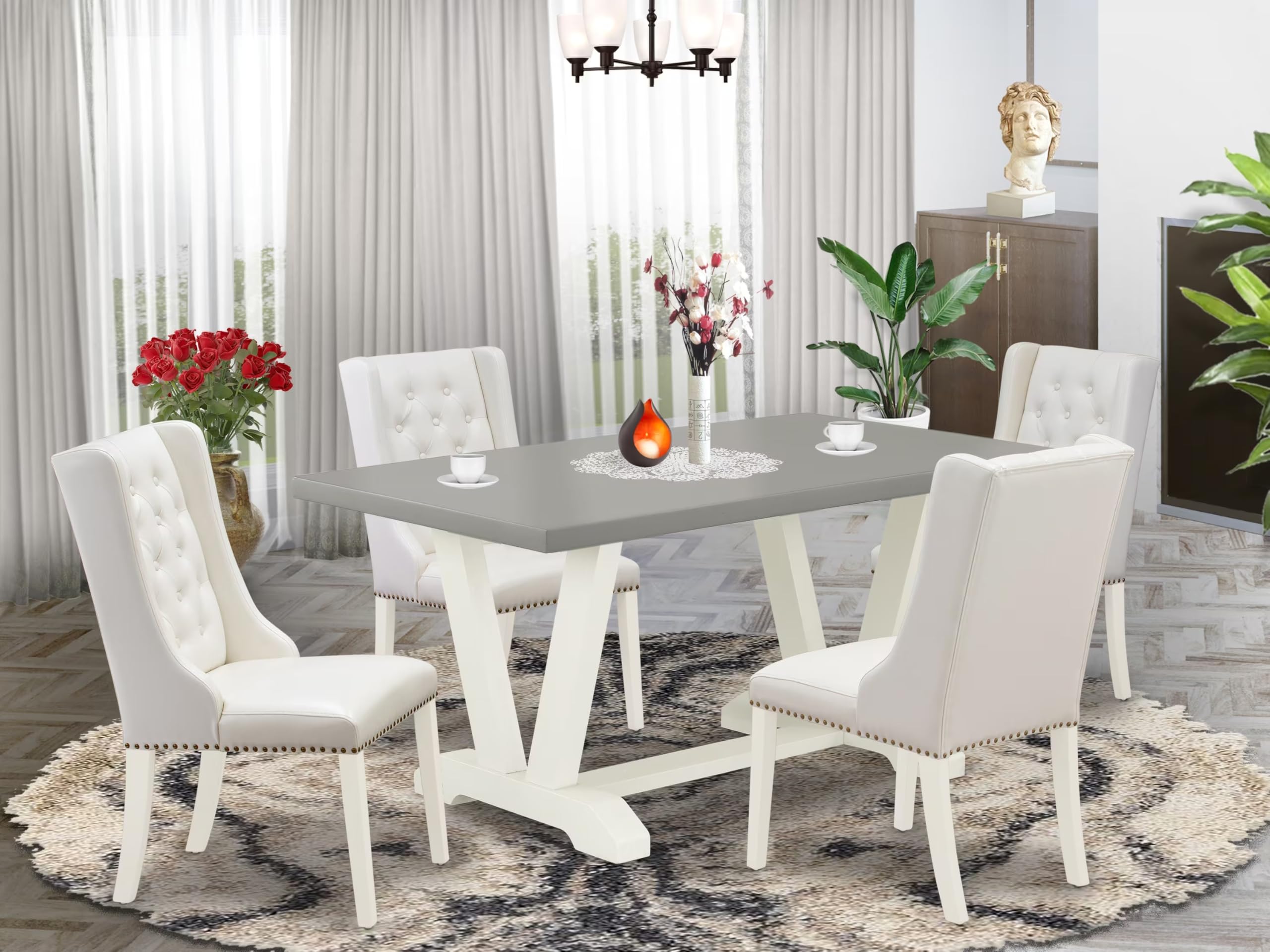 East West Furniture V096FO244-5 5 Piece Modern Dining Table Set Includes a Rectangle Wooden Table with V-Legs and 4 Light Grey Faux Leather Parson Dining Chairs, 36x60 Inch, Multi-Color